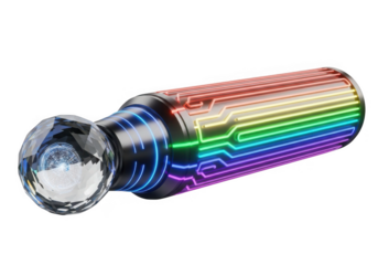 Futuristic crystal cylinder with rainbow circuit design isolated on transparent background for tech concept and futuristic art