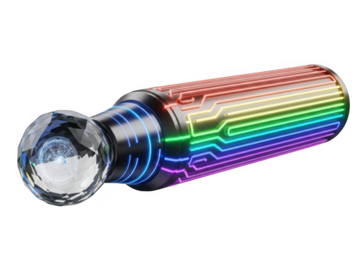 Futuristic crystal cylinder with rainbow circuit design isolated on transparent background for tech concept and futuristic art