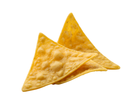 Two crispy yellow corn tortilla chips stacked slightly overlapping, isolated on transparent background - Powered by Adobe