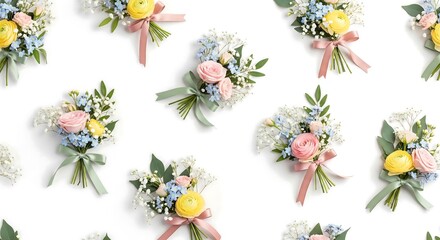 Delicate floral bouquets with pink roses, yellow ranunculus, blue forget-me-nots, and baby's breath are tied with pastel ribbons