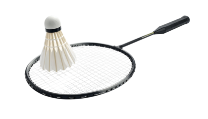 Shuttlecock rests on strung badminton racket, side angle view