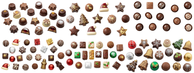 Christmas Themed Chocolates – Stars, Trees, Bells & Festive Shapes on White Background