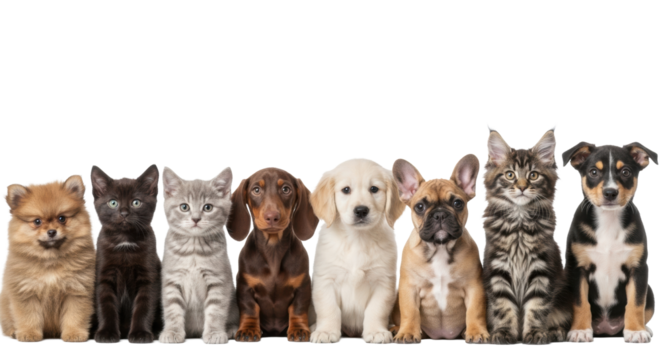 Eight diverse puppies and kittens posing neatly on a transparent studio background with soft lighting, looking at camera, celebrating pet companionship and cuteness