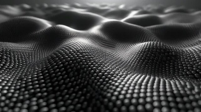 Abstract macro view of a dark, undulating surface composed of a grid of tiny spheres, creating a futuristic technological texture.