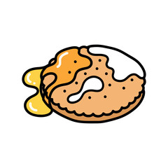 An isolated colorful cartoon doodle style illustration of a sweet round pastry, likely a pancake or donut, covered in thick yellow honey and white icing