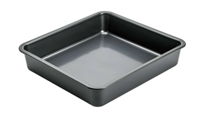 Gray square baking pan, slightly angled, on black background
