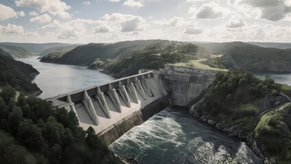 Majestic concrete dam spans a wide river, surrounded by forested hills under a cloudy sky