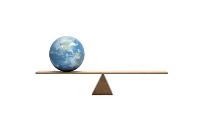 Earth balanced carefully on a wooden seesaw, against black