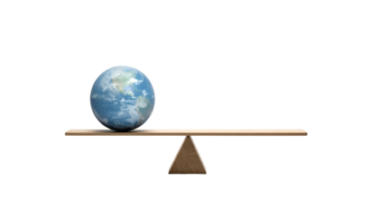 Earth balanced carefully on a wooden seesaw, against black