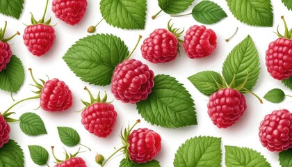 A beautiful seamless pattern of fresh ripe red raspberries and vibrant green leaves scattered on a clean white background