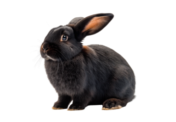 Black rabbit with tan markings sitting alertly, isolated on a transparent background