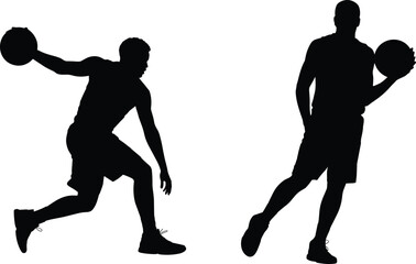 Silhouettes of two basketball players in dynamic action poses holding a ball, showcasing athletic movement, sports energy, strength, and competitive fitness style