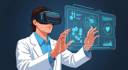Medical professional in a white lab coat using a virtual reality headset to interact with a futuristic holographic healthcare interface
