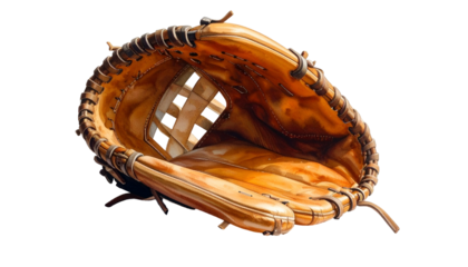 Open, used baseball glove with woven pocket, tan leather texture