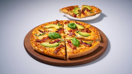 Modern pizza topped with bacon slices, fresh avocado, and basil leaves, served whole and sliced on a wooden board against a light background. Unique and gourmet meal concept.