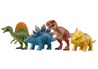 Colorful plastic dinosaur toys lined up against a black background