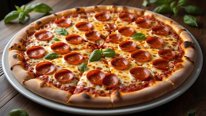 Delicious, freshly baked whole pepperoni pizza topped with melted mozzarella cheese and basil leaves, served on a white plate on a wooden table. Classic Italian fast food.