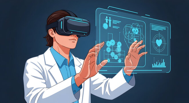 Medical professional in a white lab coat using a virtual reality headset to interact with a futuristic holographic healthcare interface