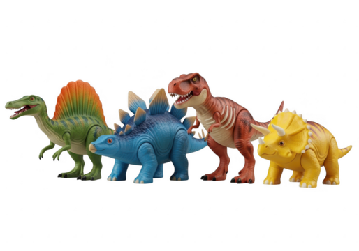 Colorful plastic dinosaur toys lined up against a black background