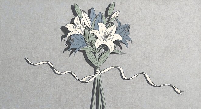 Elegant floral bouquets of white and blue lilies, tied with a ribbon