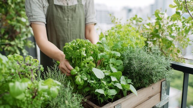 A vegetable garden on the balcony, beds made of eco-friendly materials with growing local vegetables, greens, berries, cozy and healthy corner in the house, figure of a woman, soft focus
