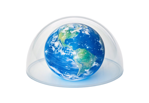 Earth globe protected under clear glass dome display, isolated on a transparent background - Powered by Adobe