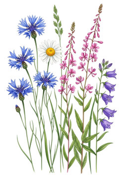 Vibrant watercolor illustration of blue cornflowers, white daisy, pink willowherb, and purple bellflowers with green grasses, isolated on a transparent background with copy space, serene botanical
