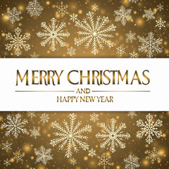 A festive golden holiday card featuring decorative snowflakes surrounding the message &ldquo;Merry Christmas and Happy New Year&rdquo; in elegant lettering.