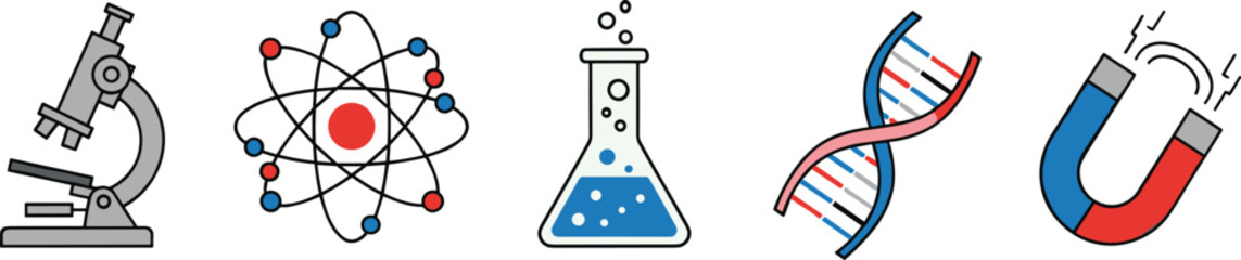 Colorful Science Icons Featuring Microscope, Atom Model, Chemistry Flask, DNA Helix, and Magnet Representing Key Scientific Concepts and Laboratory Tools