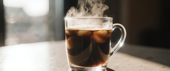 Extreme closeup of a clear glass cup filled with steaming coffee, relaxation concept