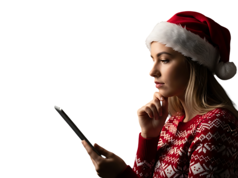 Woman in santa hat using tablet on christmas eve