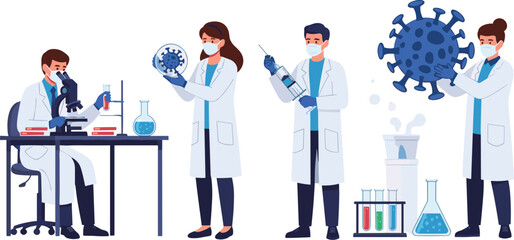 Scientists conducting laboratory research, analyzing virus samples, developing vaccines, and performing experiments using microscopes, test tubes, and protective medical equipment.