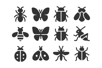 Silhouette icons of insects: ants, butterflies, beetles, flies, bees, grasshoppers.