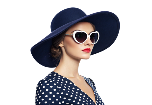 Woman in navy blue hat with white heart sunglasses and polka dot dress, isolated on a transparent background - Powered by Adobe