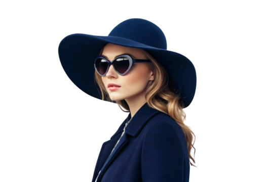 Woman in navy blue hat with heart sunglasses and navy coat, isolated on a transparent background - Powered by Adobe