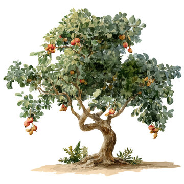 watercolor of Cashew Tree, vector, isolated on a white background.