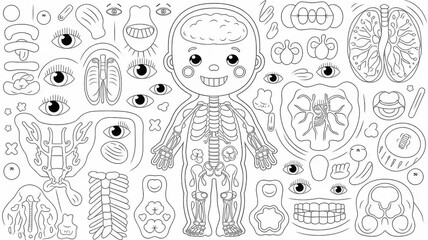 Children’s educational coloring page showing basic human body parts in a cute simplified style. Thin black outline with clear simple contours and many small details for coloring. Black and white isola