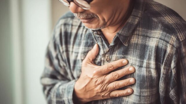 hand hold chest with heart attack symptoms, man have chest pain caused by heart disease, leak, dilatation, enlarged coronary heart, press on the chest with a painful expression