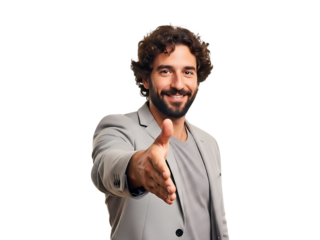 Man offering handshake with a friendly smile against black background