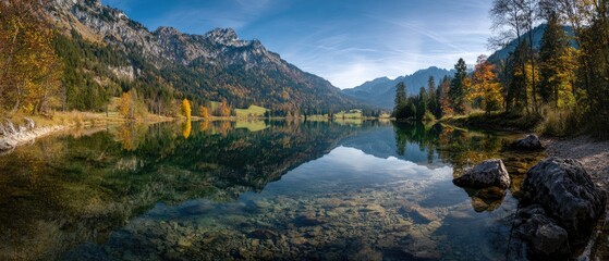 Serene lake reflecting autumnal mountains
