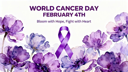 Purple ribbons and flowers, slogan "Blooming with Hope", anti-cancer belief and life hope, suitable for cancer public welfare promotion and patient encouragement scenes.
