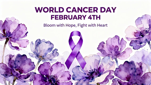 Purple ribbons and flowers, slogan "Blooming with Hope", anti-cancer belief and life hope, suitable for cancer public welfare promotion and patient encouragement scenes.
