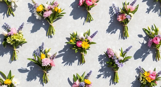 Overhead shot of many colorful floral bouquets on a neutral textured backdrop. These fresh cut flower arrangements are tied together with twine