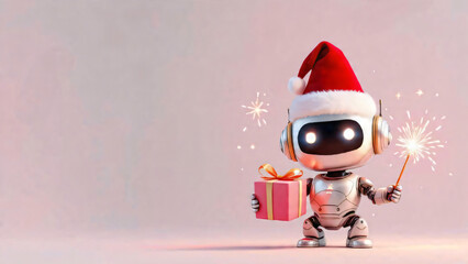 Cute chibi robot dressed in a Santa hat and holding a wrapped present. Ideal for Christmas marketing campaigns, festive visuals, greeting cards, and holiday-themed digital media.
