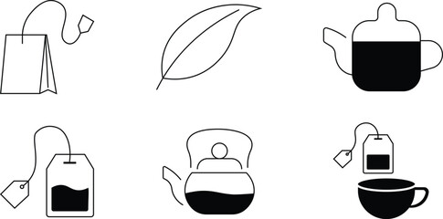 Collection of black tea bag icons set. Herbal drink packaging label isolated illustration. Tea bag outline icons with various shapes for beverage and drink concepts. Tea bag icons perfect for beverage