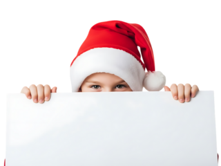 Child in santa hat peeking over white sign