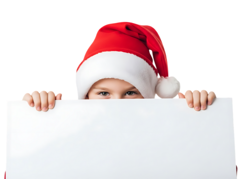 Child in santa hat peeking over white sign