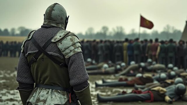 A man in armor standing in front of a group of people