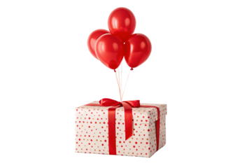 Gift box with red polka dots, red balloons, satin ribbon, festive present, isolated on a transparent background