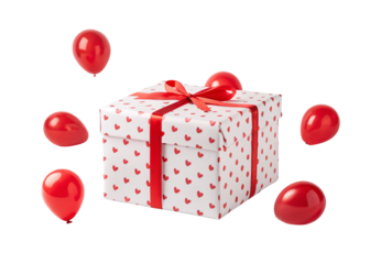 Heart-patterned gift box with red ribbon, surrounded by floating red balloons, celebration package, isolated on a transparent background